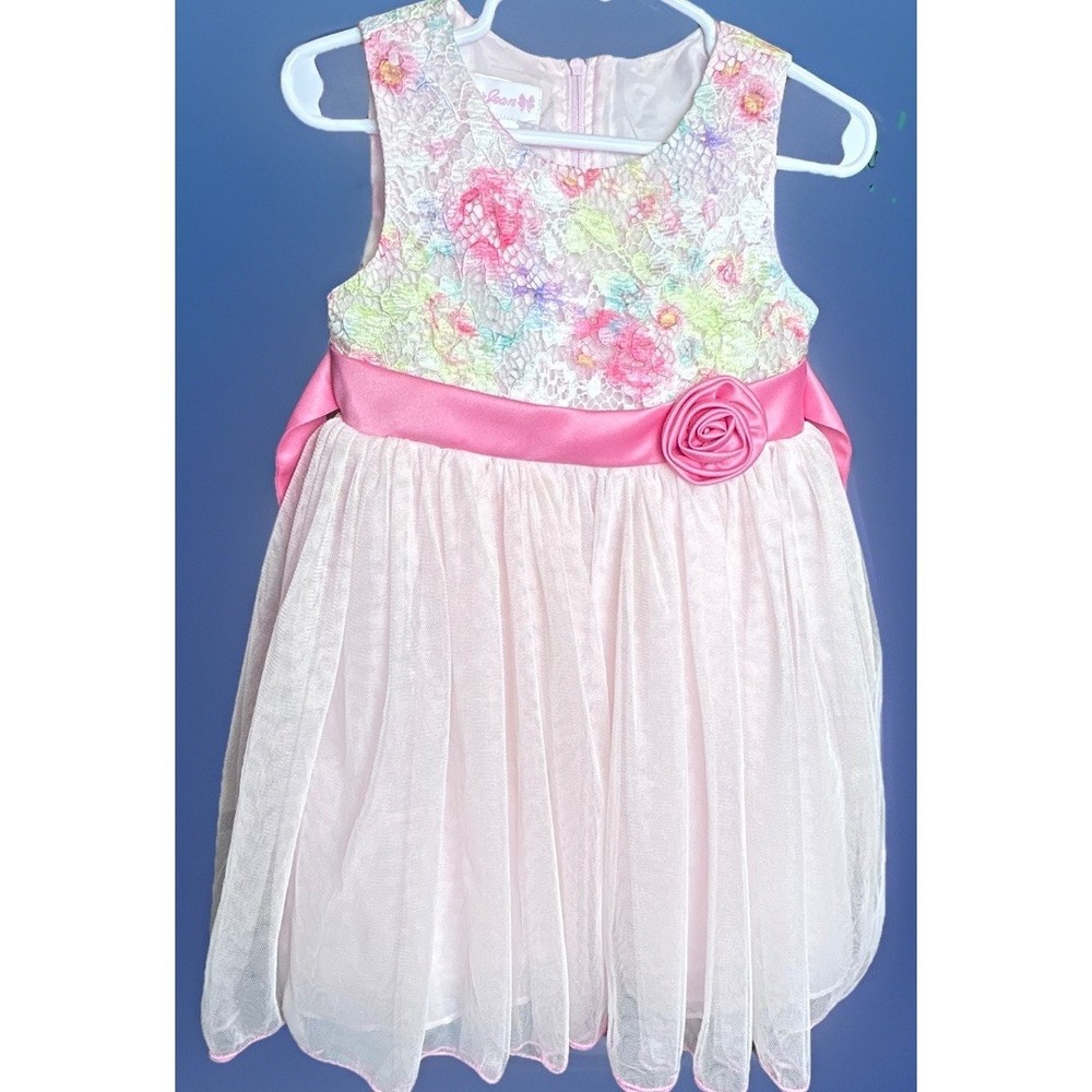 Bonnie Jean Floral Lace & Tulle 3T Dress W/ Satin‎ Ribbon Lined Easter Pink Rose